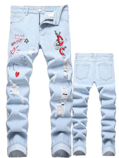 Men's Motorcycle Zipper-Decorated Jeans Slim Fit Ripped