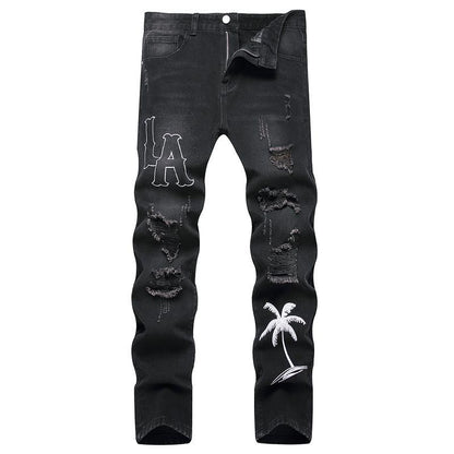 Men's Motorcycle Zipper-Decorated Jeans Slim Fit Ripped