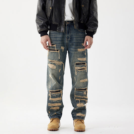 Mens Distressed Hole-Detailed Wide-Leg Denim Jeans With Custom Patches